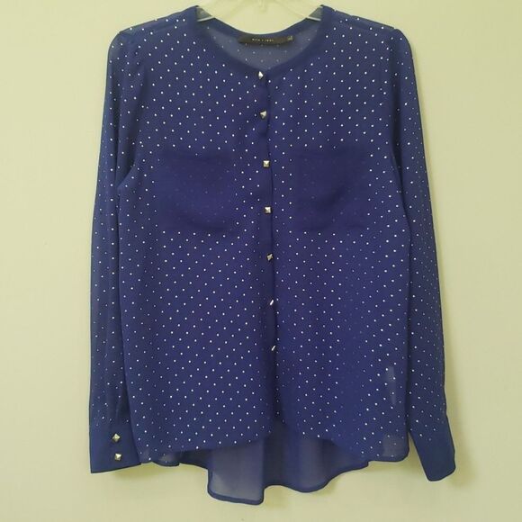 Nordstrom Eric & Lani Blouse Women's Large Sheer Blue Silver Metallic Polka Dot - Picture 1 of 7